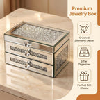 Mirrored Jewelry Box for Women,2-Layer Glass Jewelry Organizer with Lid & 1 Drawer, Silver Crushed Diamond Home Decor, Gift Idea for Her (9.3" L x 6.3" W x 5.1" H)
