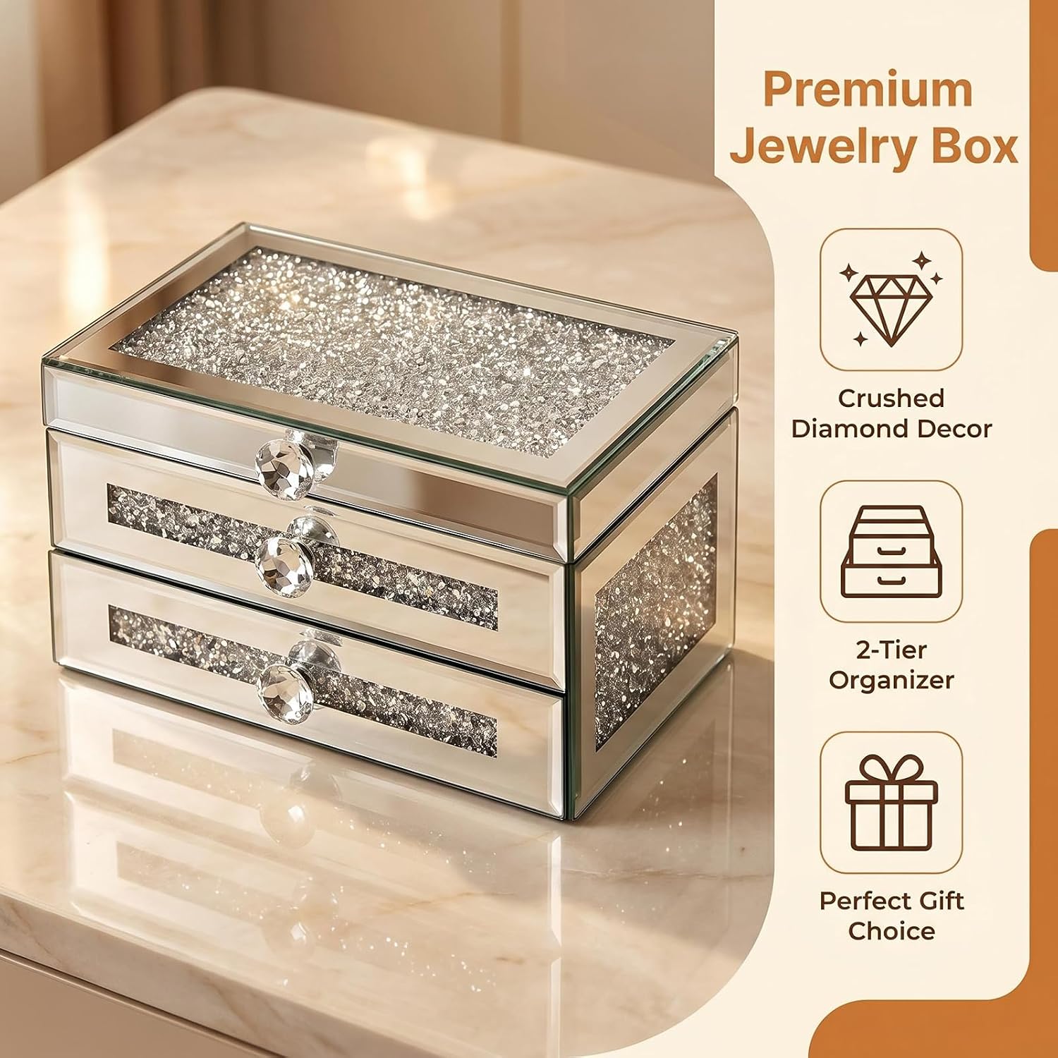 Mirrored Jewelry Box for Women,2-Layer Glass Jewelry Organizer with Lid & 1 Drawer, Silver Crushed Diamond Home Decor, Gift Idea for Her (9.3" L x 6.3" W x 5.1" H)