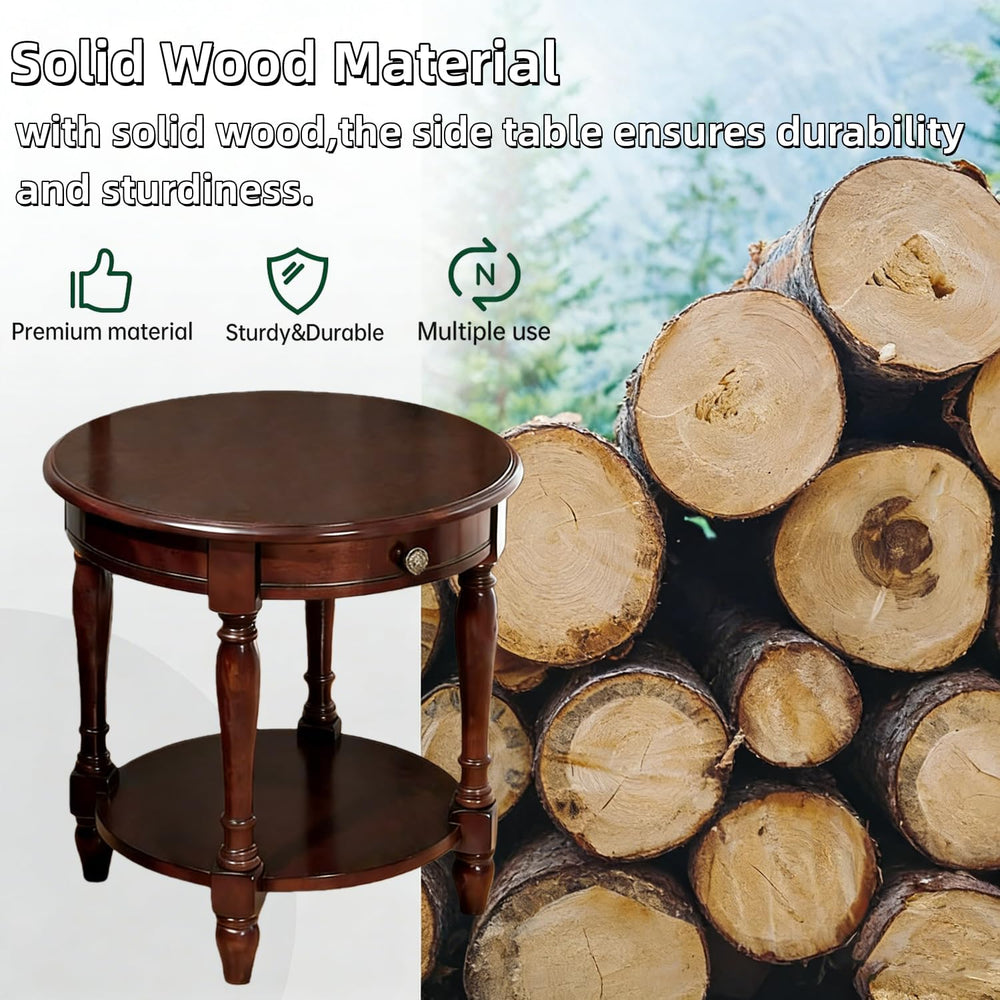 YUNMUAIR-Solid Wood End Table,Round Side Table with Drawers,Vintage Nightstan...