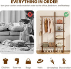 41.3" Wide 3-in-1 Freestanding Clothing Rack, Wooden Coat Rack with 4 Shelves and 5 Hooks, Solid Rubber Wood Coat Rack with Shelves for Entryway, Bedroom, Living Room, Walnut