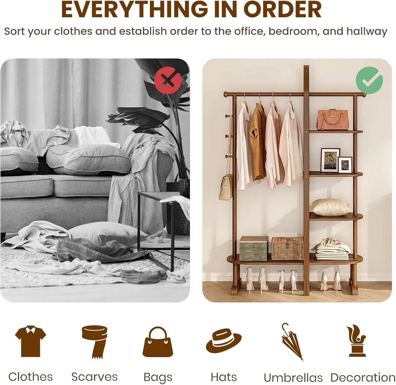 41.3" Wide 3-in-1 Freestanding Clothing Rack, Wooden Coat Rack with 4 Shelves and 5 Hooks, Solid Rubber Wood Coat Rack with Shelves for Entryway, Bedroom, Living Room, Walnut