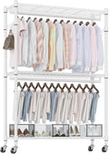 Homdox 3 Tier Heavy Duty Garment Rack with Wheels, Adjustable Wire Clothes Rack with Double Hanging Rods, Portable Closets for Hanging Clothes with Side Hooks, White