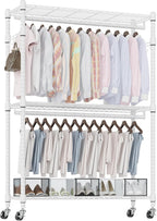 Homdox 3 Tier Heavy Duty Garment Rack with Wheels, Adjustable Wire Clothes Rack with Double Hanging Rods, Portable Closets for Hanging Clothes with Side Hooks, White