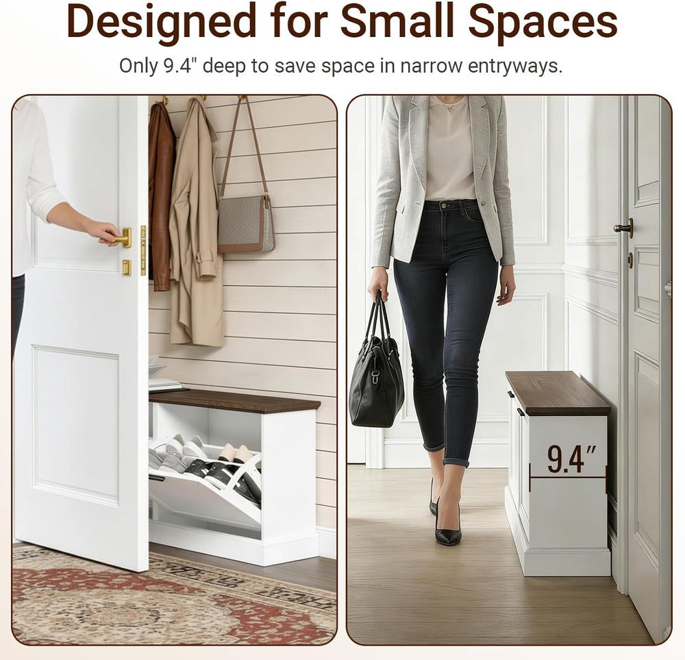 SoBuy Narrow Shoe Bench with Flip Drawers - Slim White Entryway Shoe Storage ...