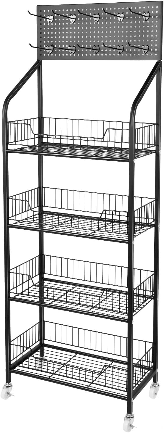 4 Tiers Baskets Adjustable Rolling Display Snack Rack, Snack Storage Organize...