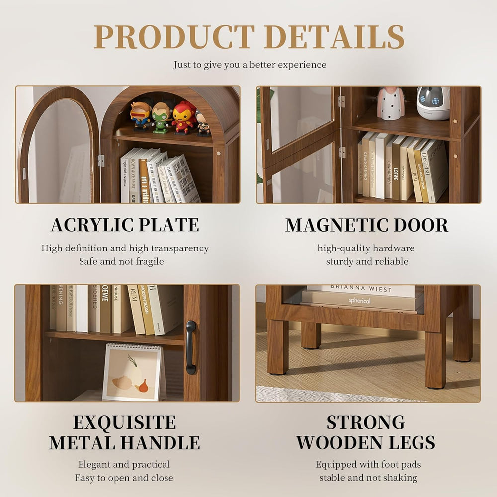 Lxsxlome 64'' Arched Display Cabinet with Acrylic Glass Doors, Walnut