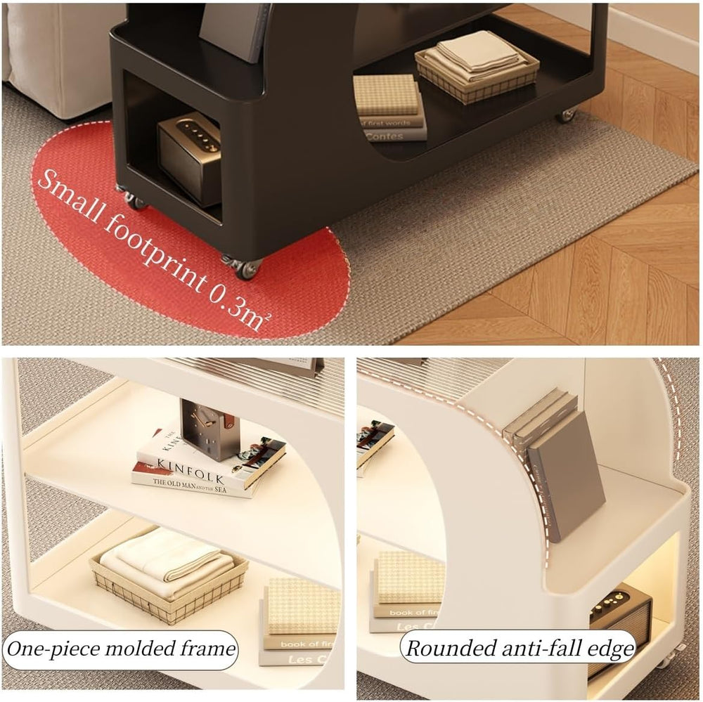 Mobile Sofa Side Table with Wheels, Metal Rolling End Table with Storage, 3-T...