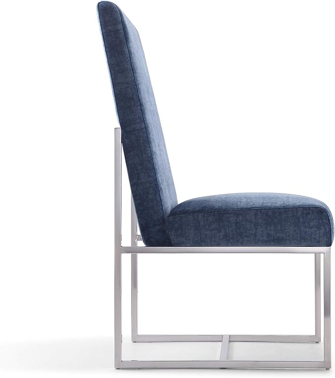 Manhattan Comfort Element Modern Velvet Dining Chairs, High Density Foam, Chrome Finish Stainless Steel Frame, High-Back, Fully Assembled Industrial Chic Accent Furniture, Set of 1, Blue