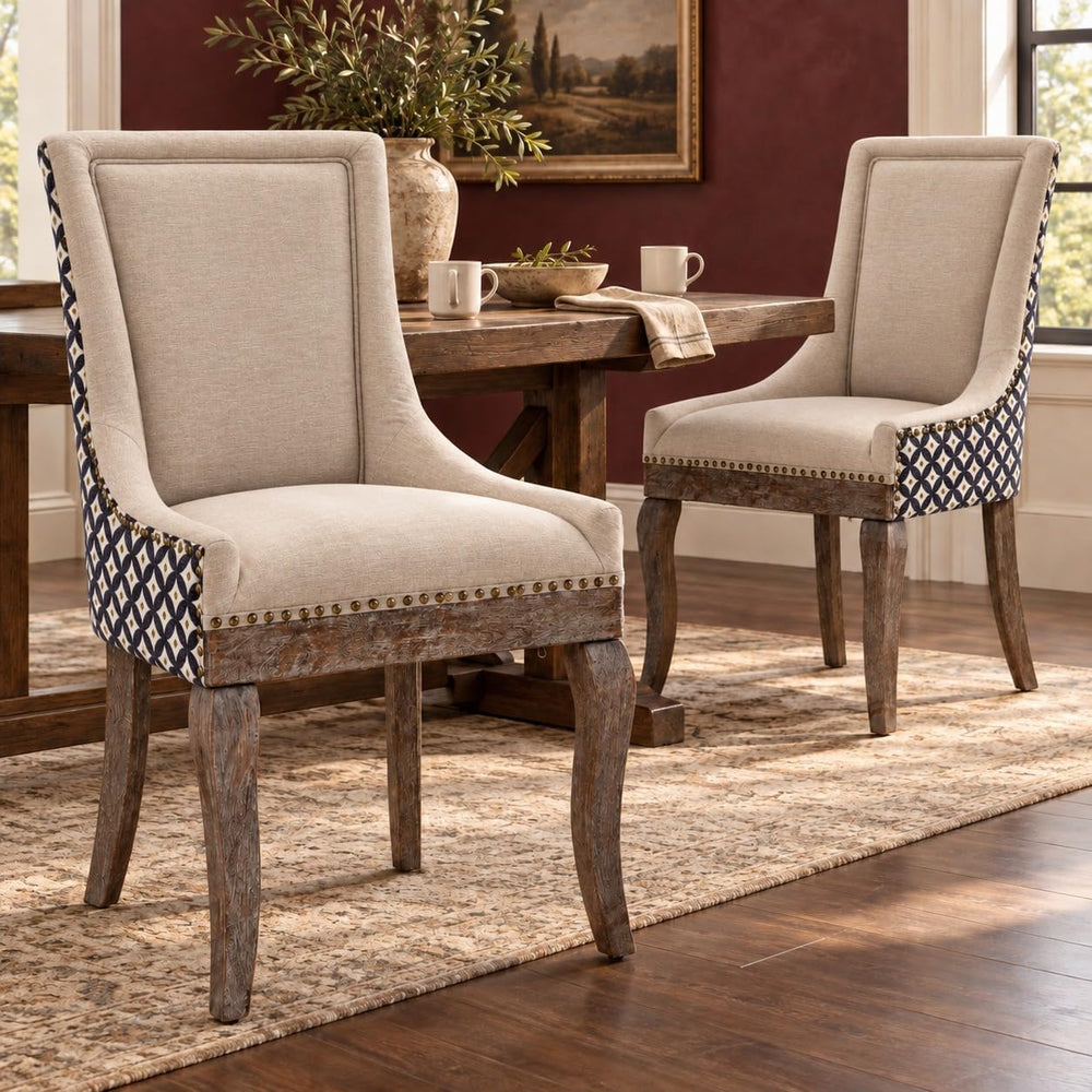 Upholstered Dining Chairs Set of 2, Fabric Kitchen Chair with Nailhead Trim, ...