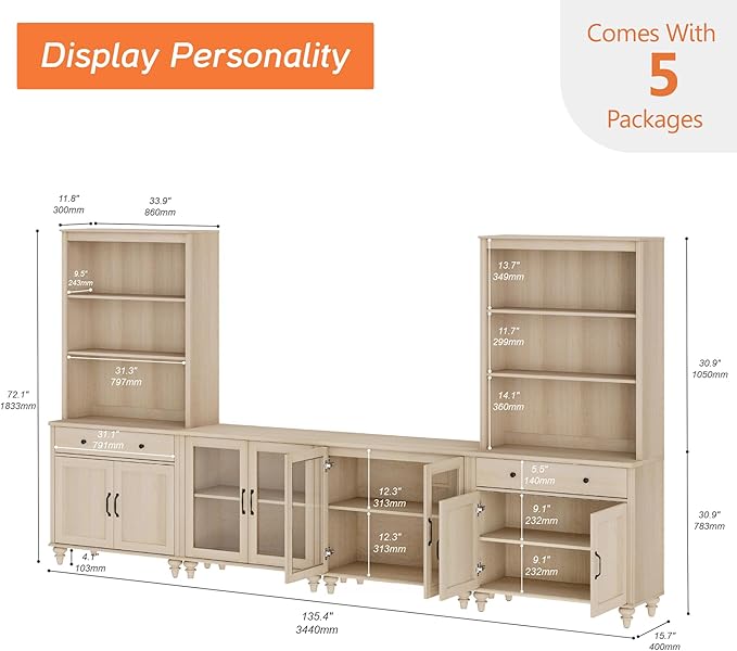WAMPAT Entertainment Center with Bookshelves for TVs up to 75", Farmhouse Wall Unit TV Stand with Glass Doors & Drawer, Media Console Table for Living Room, Bedroom & Home Theater, Beige