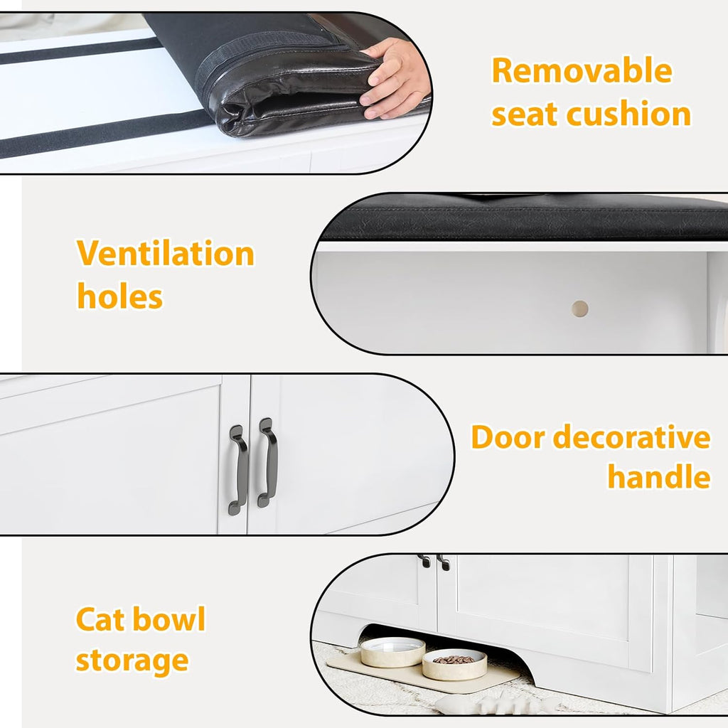 Modern Cat Litter Box Enclosure, 39" Hidden Litter Box Furniture with Removable Padded Seat Cushion, Flip-Top Design, Cat Washroom Bench with Storage Cabinet, Fit Most of Litter Box,White