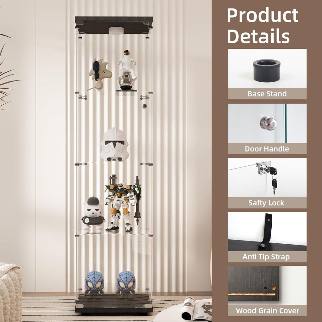 Beauty4U Glass Display Cabinet with Light, 4 Shelves, Curio Cabinets for Living Room, Bedroom, Office, Black Floor Standing Glass Bookshelf, Quick Installation