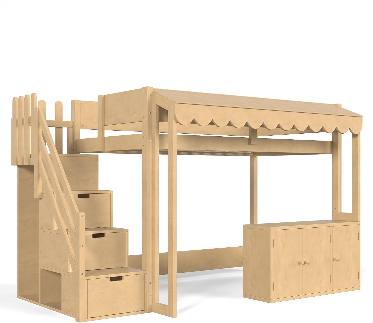 Twin Size Wood Loft Bed with Storage Stairs and Pretend Store Counter (Twin)