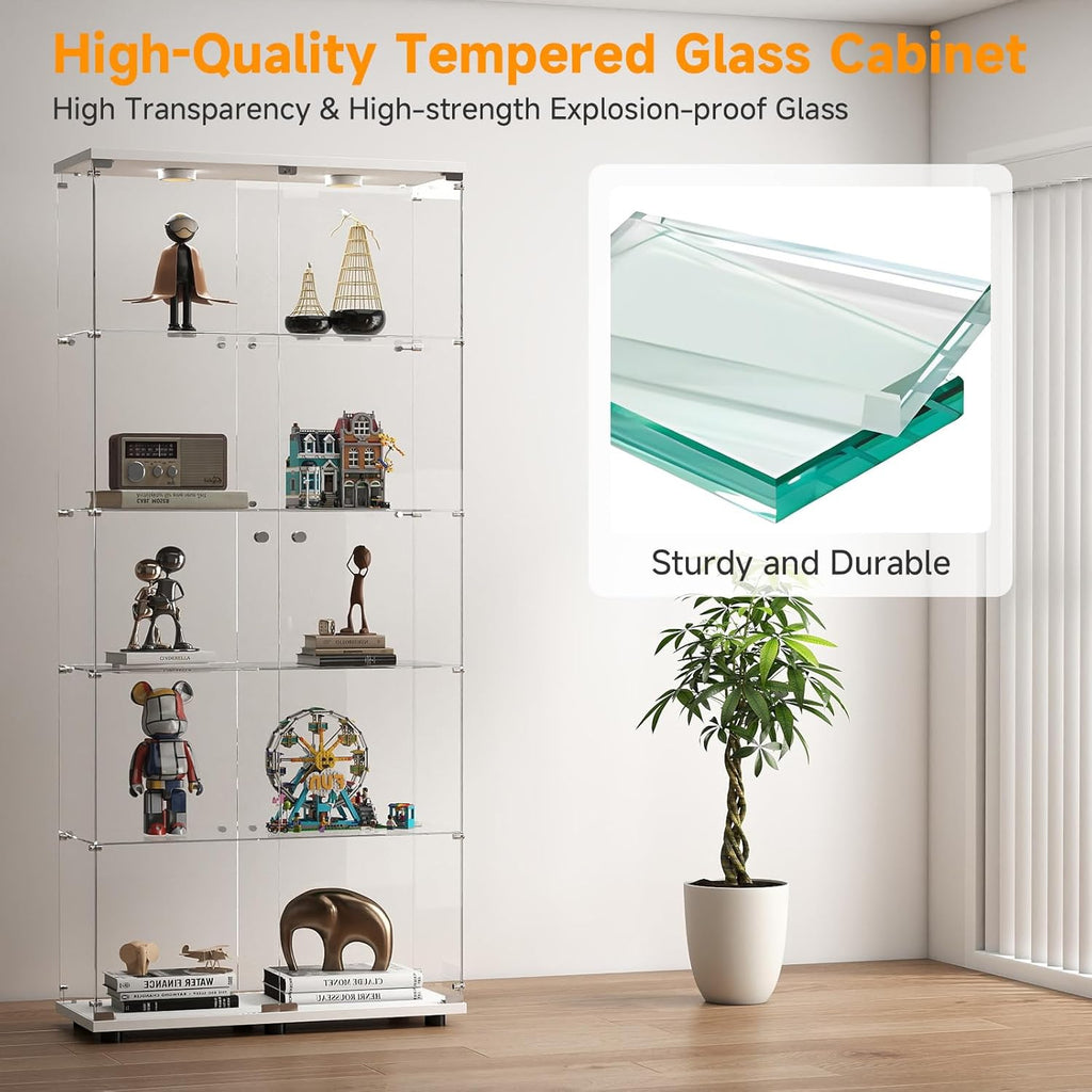 5-Tier Tempered Glass Display Cabinet with Lights, Curio Cabinet with Glass Doors and Lock, Glass Display Case for Collectibles, for Living Room Bedroom Office, Double Door, White