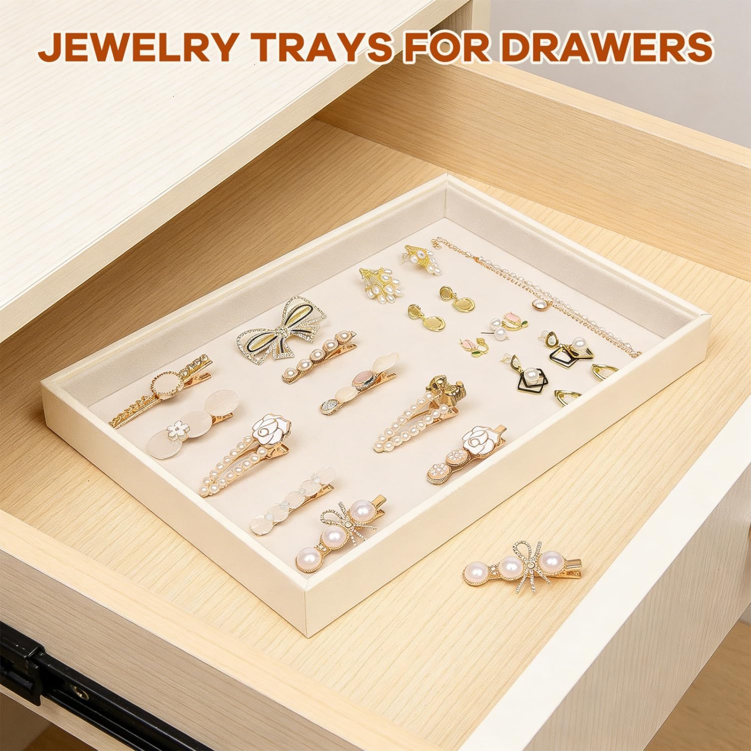 Beige Velvet Jewelry Tray for Drawers Jewelrys Display Tray Stackable Jewelry Organizer Trays for Necklace Bracelet Ring Watch (1 Pack)