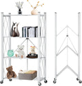 4 Tier Foldable Storage Shelf with Wheels, Heavy Duty Folding Shelf Loads 600 LBS, Metal Steel Collapsible Shelves, Rolling Standing Utility Rack for Kitchen, Pantry, Office, White