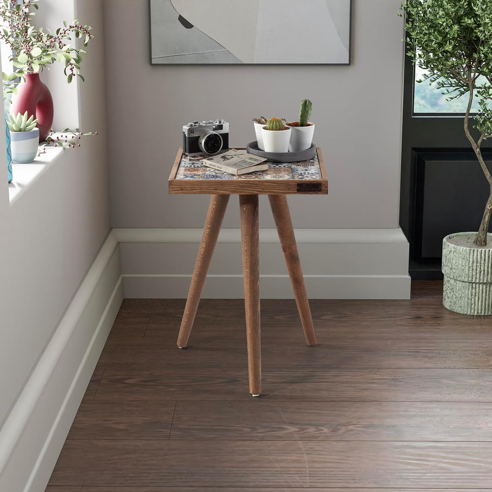Mexican Tile Mosaic Side Table, Walnut Color Square Ceramic Accent Table with...