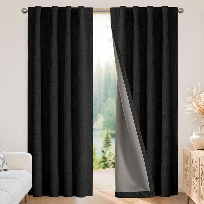 Joydeco Blackout Curtains for Bedroom - 120 Inch Long 100% Light Blocking 2 Panels Set Black Drapes, Thermal Insulated Room Darkening Curtains, Linen Textured for Living Room, Rod Pocket & Back Tabs