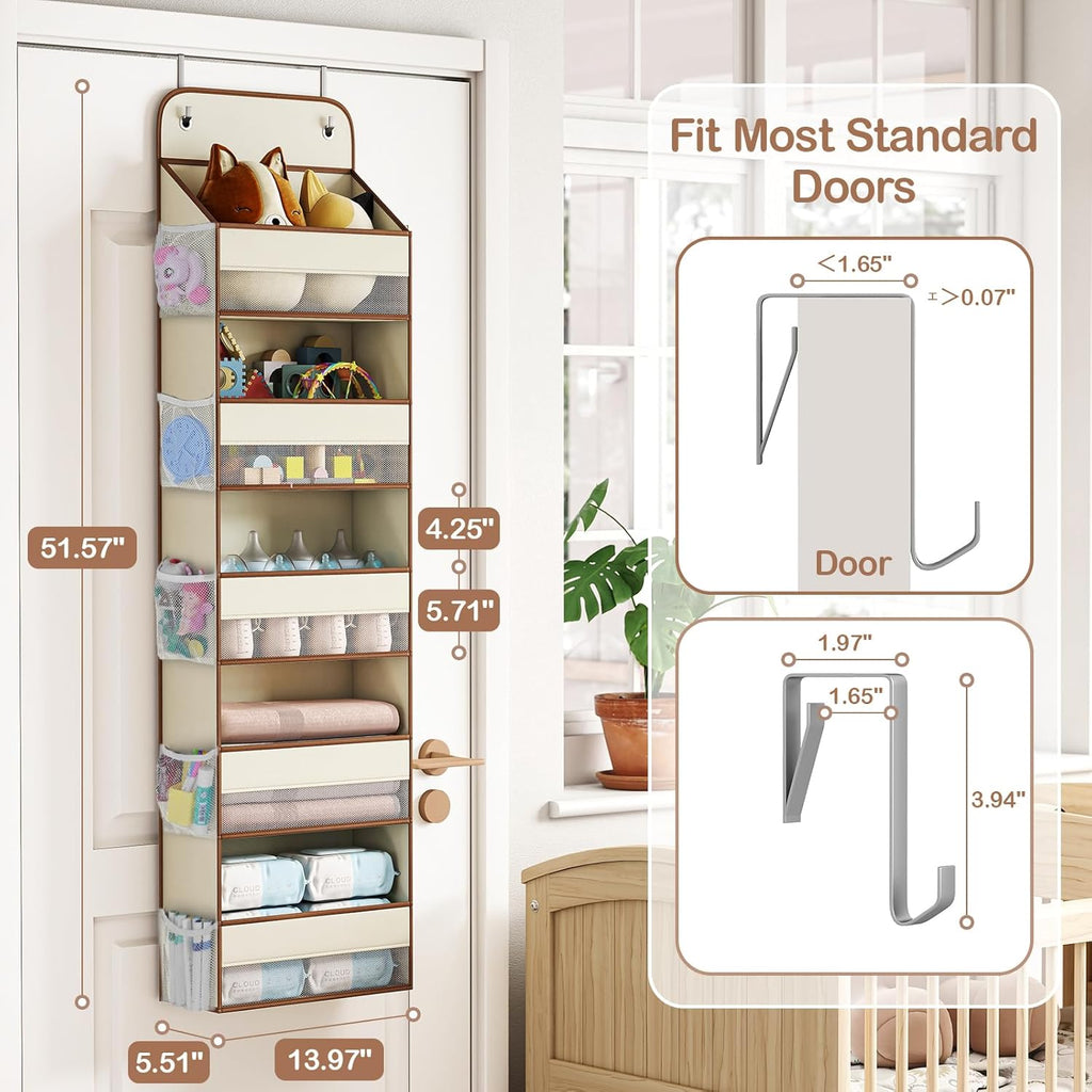 LAMU 5 Tier Over the Door Organizer Hanging, Swing - Proof Closet Behind Door Storage with 5 Large Pocket and 10 Side Pockets, Back of Door Organizers for Bedroom, Nursery and Bathroom (1 Pack, Beige)