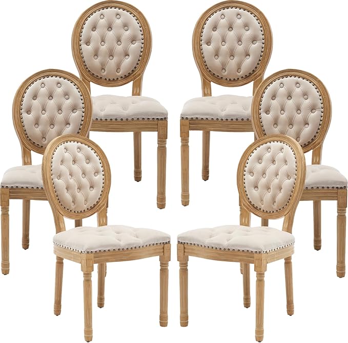 French Country Dining Chairs Set of 6, Beige Kitchen & Dining Room Chairs, Velvet Kitchen Chairs, Tufted Upholstered, Wood Legs, Sillas De Comedor (Velvet, Beige, 6 Pcs)