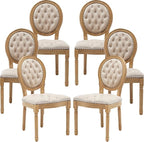 French Country Dining Chairs Set of 6, Beige Kitchen & Dining Room Chairs, Velvet Kitchen Chairs, Tufted Upholstered, Wood Legs, Sillas De Comedor (Velvet, Beige, 6 Pcs)