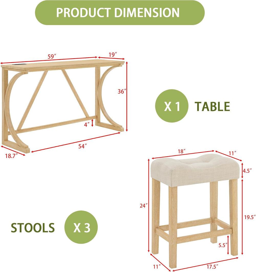 Merax 59 Inch Industrial Bar Table Set with Power Outlet, 3 Linen Upholstered...