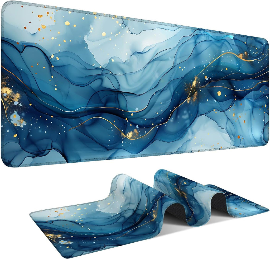Large Mouse Pad, Blue Abstract Marble Desk Mat, Extended Gaming Mouse Pad with Non-Slip Rubber Base, Thick 3mm Smooth Surface Keyboard Mat for Office & Home,35.5 x 15.8 in