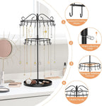 iDavosic.ly 2 Tier Rotating Necklace Organizer with Jewelry Tray, Adjustable Metal Necklace Holder with 42 Hooks, Extra Tall Bracelet Keychain Spinning Display Stand Tree Tower for Women, Black