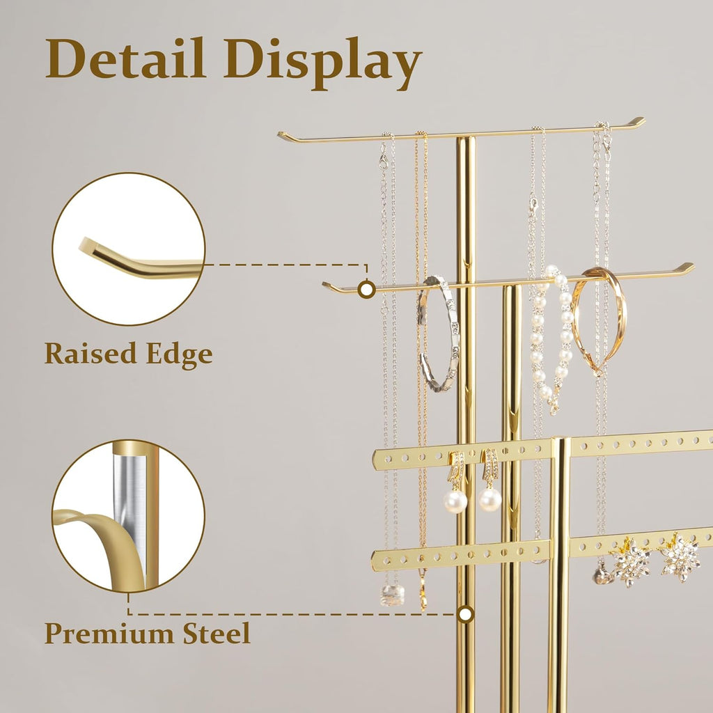 pickpiff Jewelry Stand Organizer Necklace Holder- 14.5" Sturdy Earring and Bracelet Display Hanger, Mirrored Gold, Aesthetic Room Decor