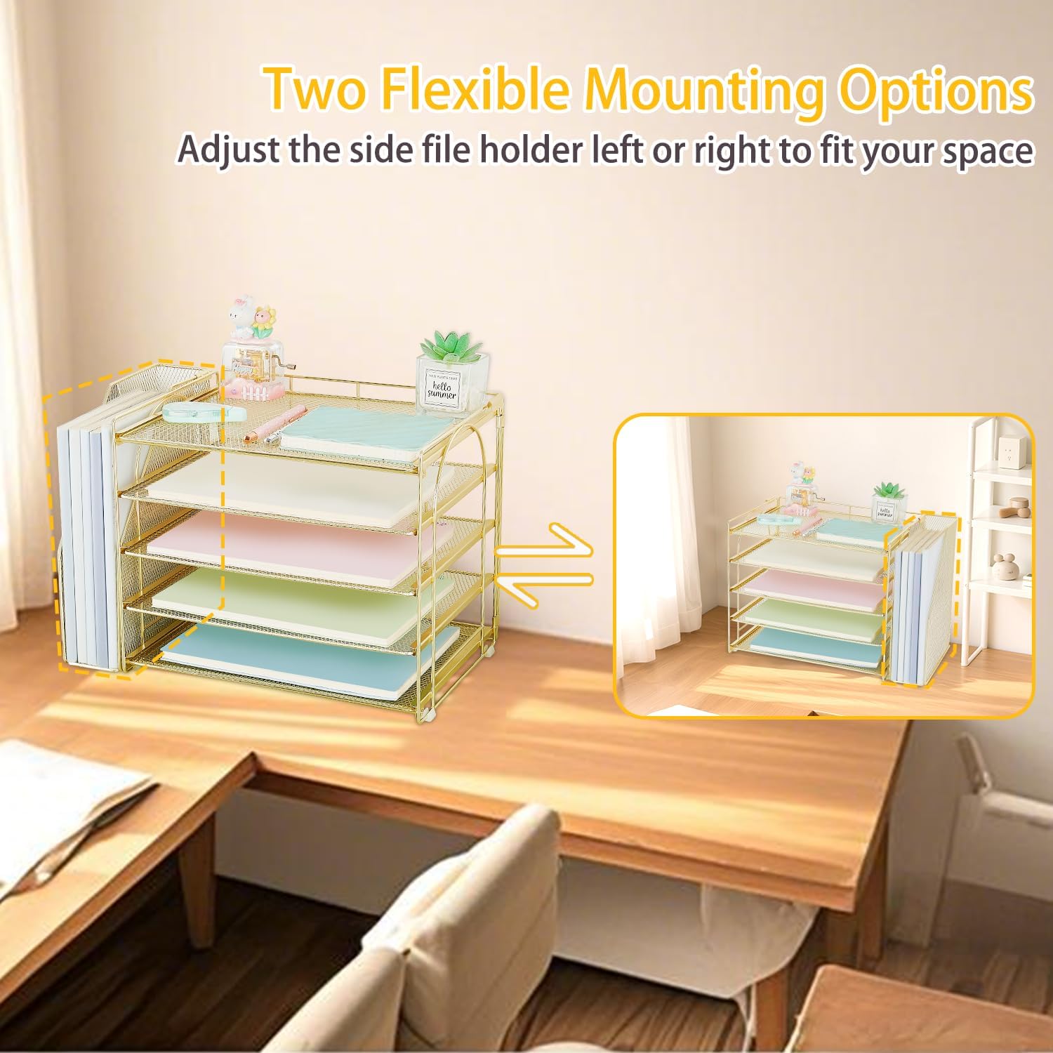 AUPSEN Gold Desk Accessories Organizer,5-Tier Letter Tray Paper Organizer with Adjustable File Holder, Desktop Office Desk Accessories for Office Supplies