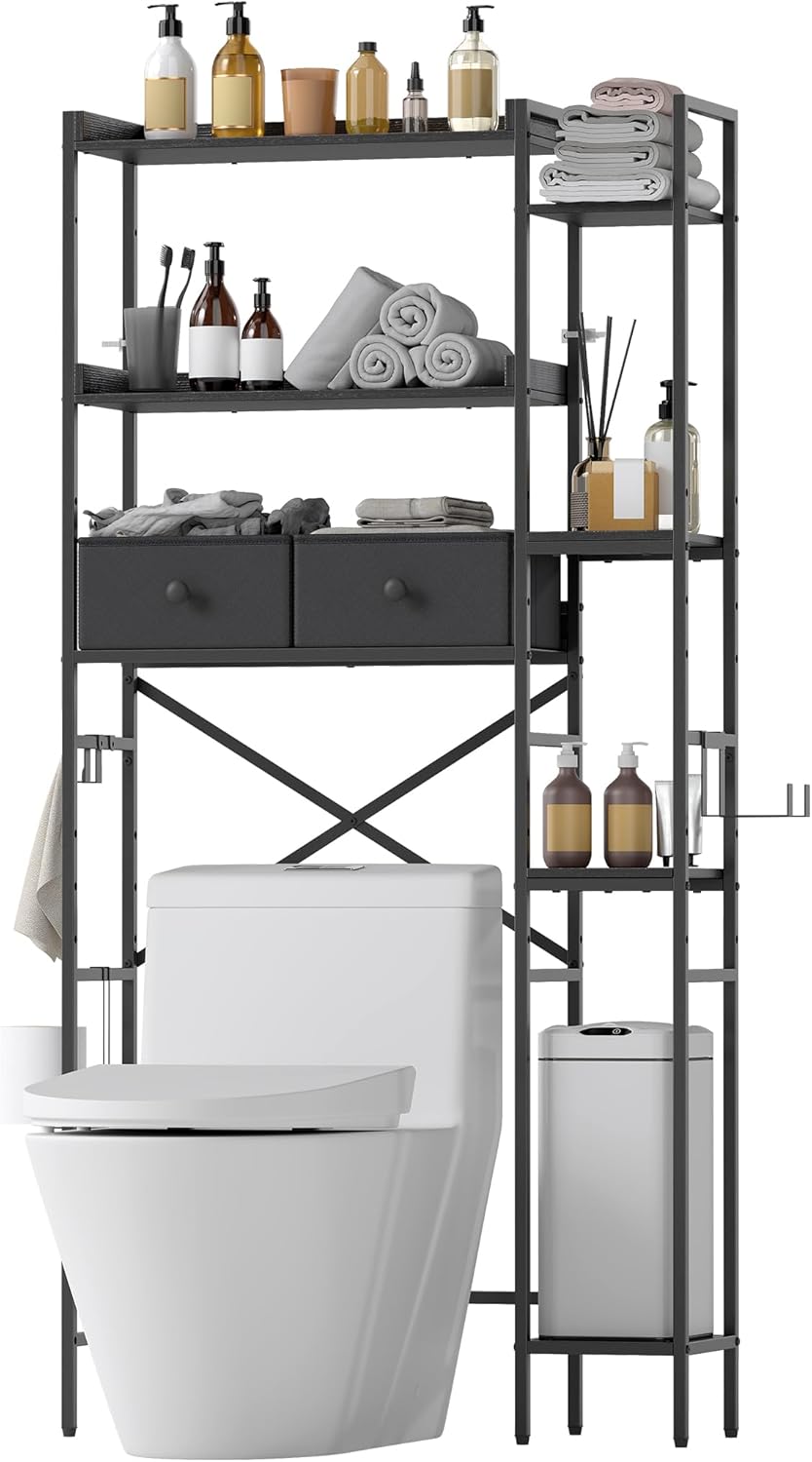 Over The Toilet Storage Rack, 7-Tier Over Toilet Bathroom Organizer with Adjustable Shelf, Above Toilet Storage Cabinet with Hooks, Space-Saving, Black Shelf