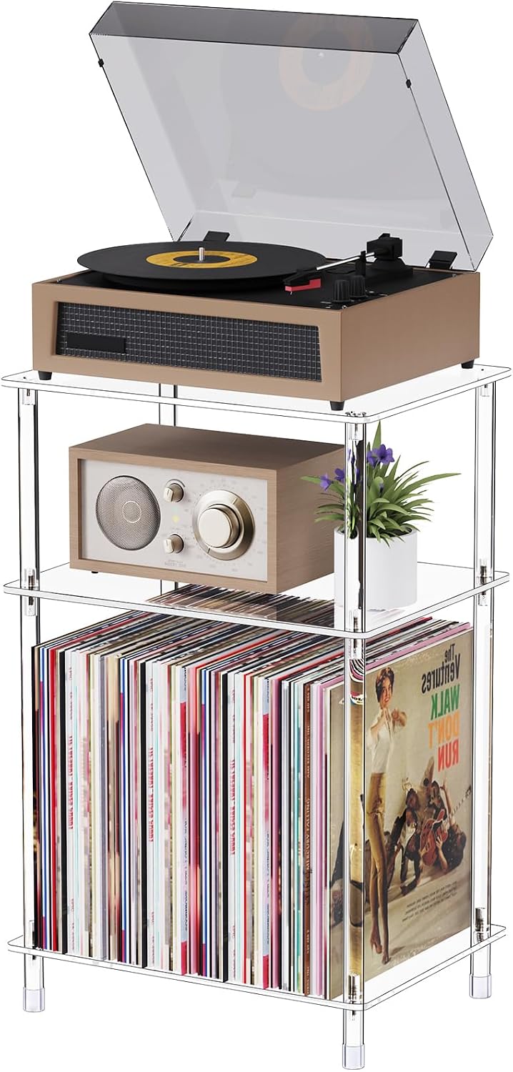 Clear Acrylic Record Player Stand with Vinyl Storage, 15.75" L x 11.81&q...