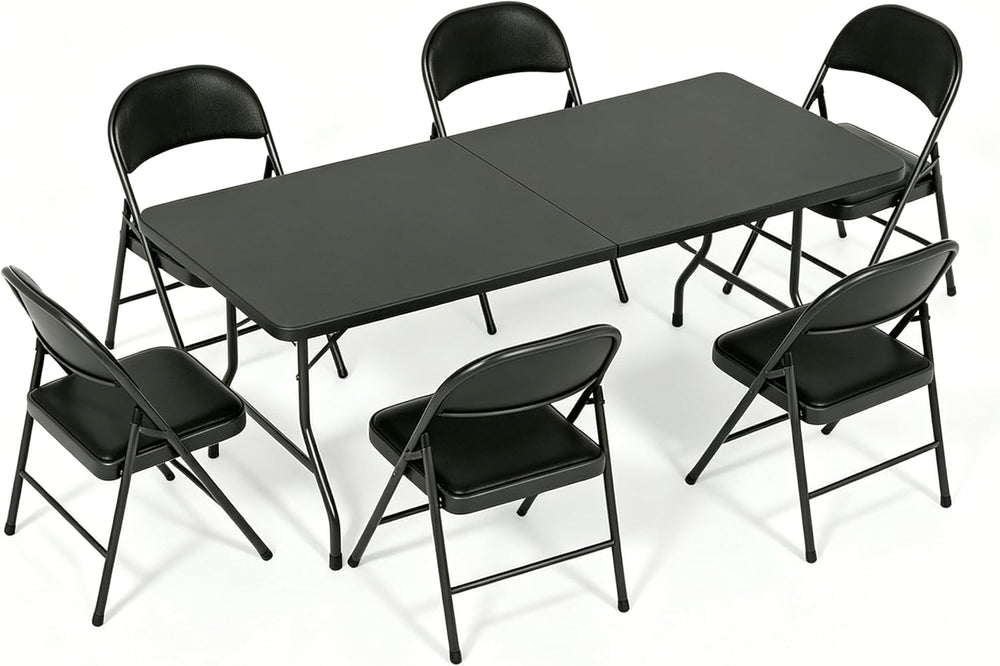 Folding Dining Table Set, 6FT Foldable Plastic Table with Carrying Handle &am...