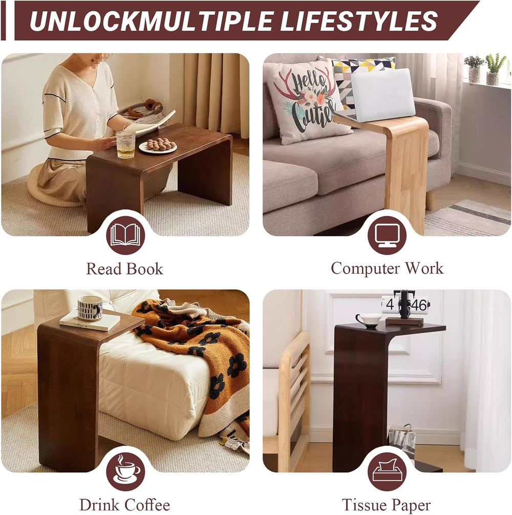 C-Shaped End Table Solid Wood Sofa Side Table for Living Room,Small,Modern,Be...