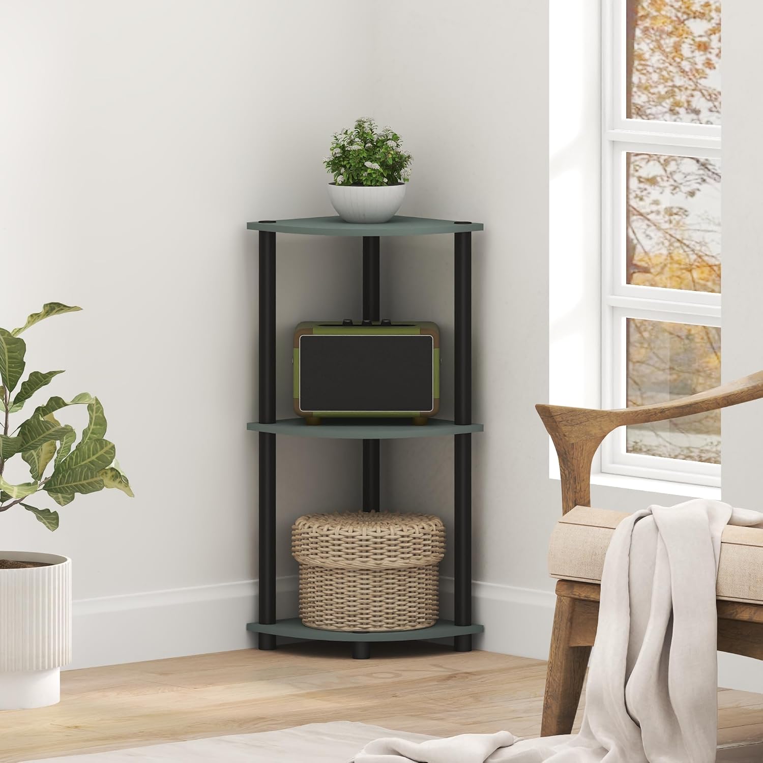 Furinno Turn-N-Tube Corner Shelf, 3-Tier Corner Bookshelf, Display Storage Shelves with Open Shelves, for Organization and Storage, Living Room, Home Office, Garage, Sage Green