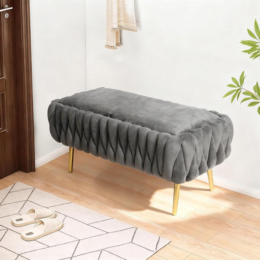 End of Bed Bedroom Storage Bench Upholstered, Hand-Woven Storage Ottoman Benc...