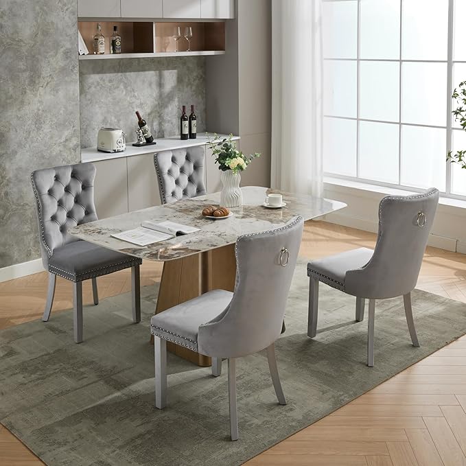 Velvet Dining Chairs Set of 6, High-end Tufted Upholstered Dining Chair with Back Ring Pull, Nailhead Trim and Silver Solid Wood Legs, Modern Dining Room Chairs for Dining Room, Light Gray
