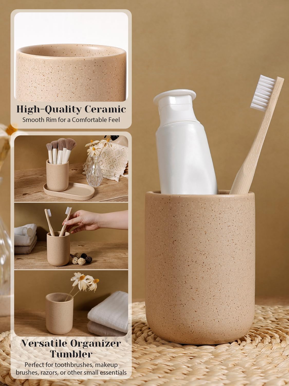 INGOFIN 3 Pcs Ceramic Bathroom Accessory Set - Liquid Soap Dispenser, Toothbrush Holder & Tray, Bathroom Counter Set, Countertop Essentials for Home, Guest Bathroom, or Office Use, Beige
