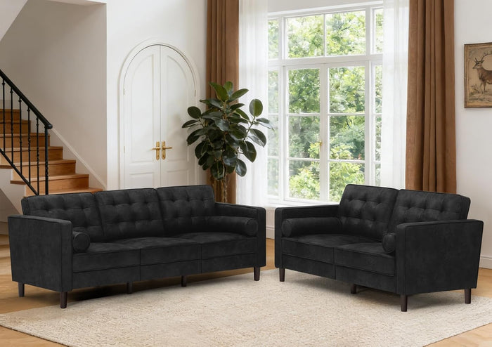 Suede Leather Upholstered Sofa Set with Tufted Backrests, Black