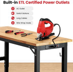 Workbench for Garage Adjustable Height 60 x 22 Inch Work Table with Wheels Heavy Duty Rubberwood Tabletop Workbench with Pegboard, Power Outlets for Woodworking Shop, Home, Office
