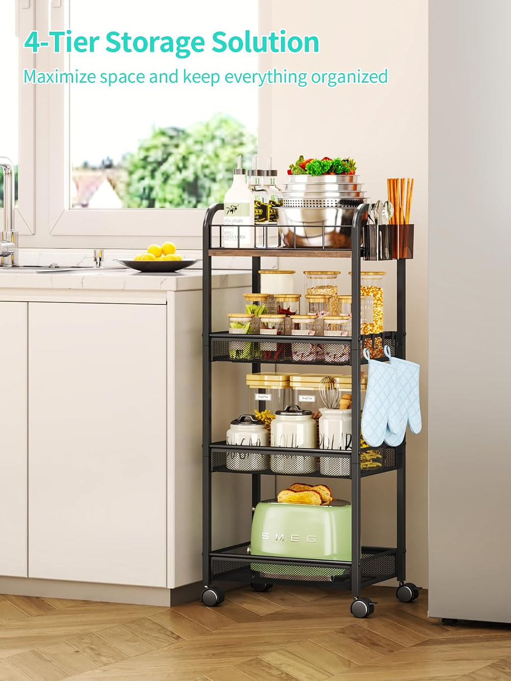HapiRm 4 Tier Metal Rolling Cart- Utility Storage Cart with Locking Wheels | ...