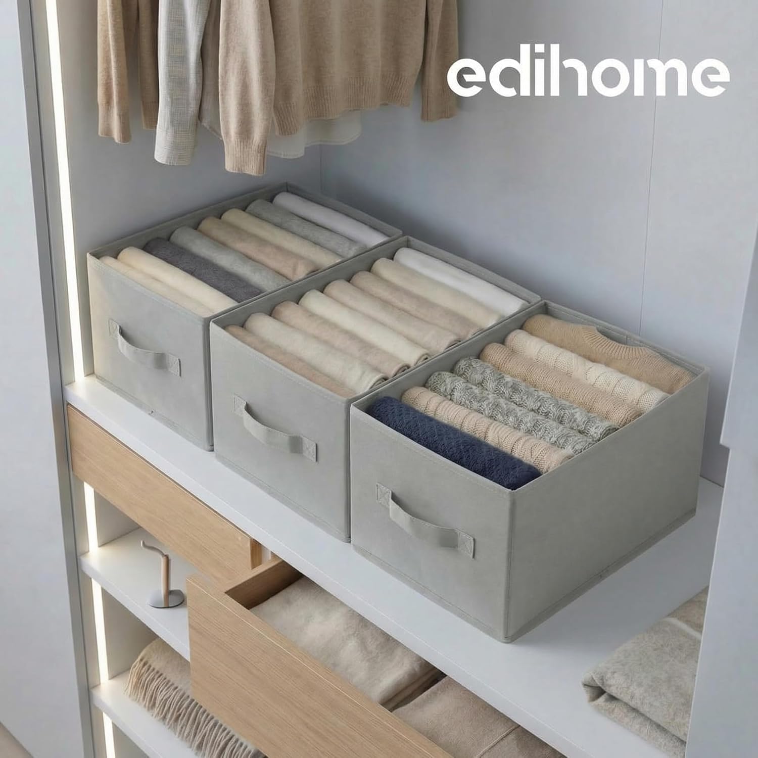 Wardrobe Organiser with Compartments for Clothes - Drawer Organiser for Wardrobe, Underwear, Socks and T-Shirts - Foldable Storage Box (3 Units - 8 Compartments - Light Grey)