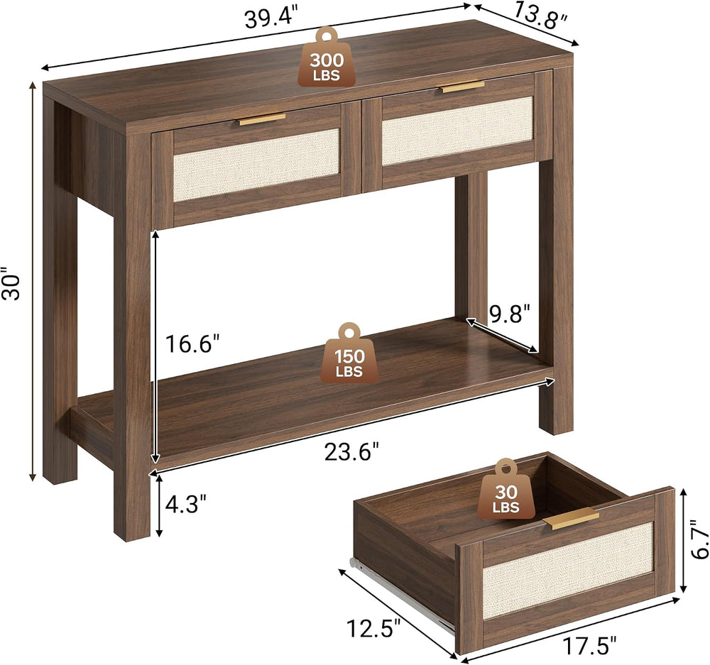 Boho Chic Console Table with 2 Rattan Drawers and Open Shelf Storage, Narrow ...