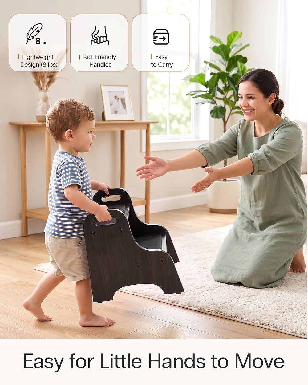StrongTek Wooden 2 Step Stool, 350 lb Capacity, Non-Slip, Espresso | Wide Non...