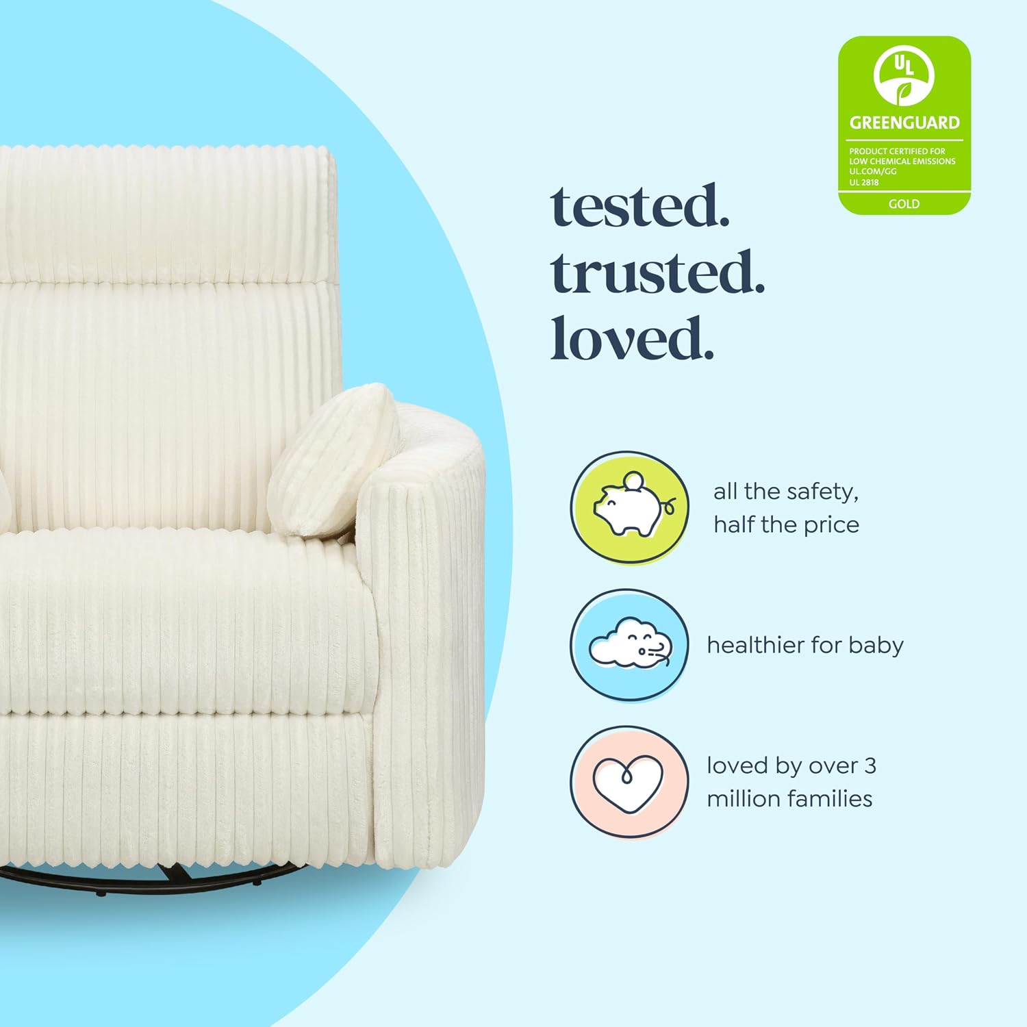 Davinci Atlas Upholstered Recliner and Swivel Glider in Cream Cozy Corduroy | Nursery Glider Chair with High Back, Padded Armrests, and Bolster Pillows | Smooth Recline for Nursing and Feeding