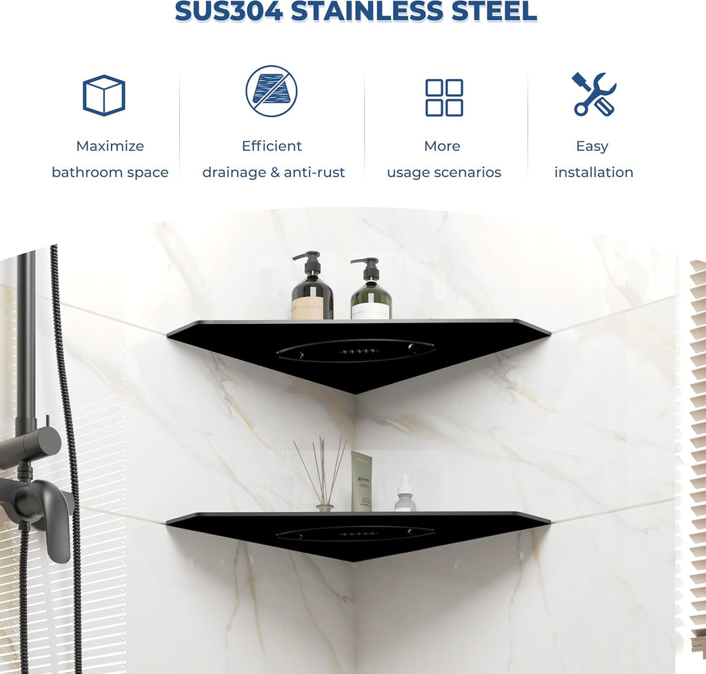 FerdY 2-Pack 10" Matte Black Recessed Corner Shower Shelf, for Tiled Bathroom Walls, Floating Shelf, 304 Stainless Steel Shower Caddy Storage Shelves, No Drilling Required, Rugby Diamond