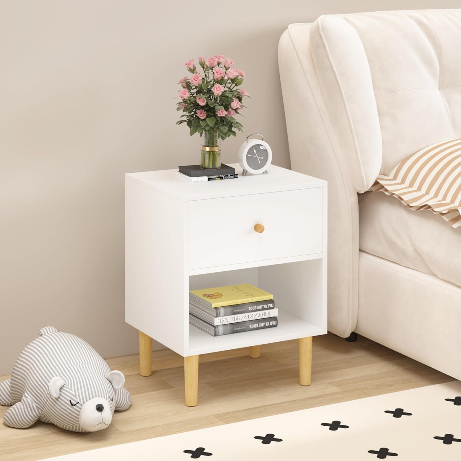 Kids Nightstand, Modern Night Stand with One Drawer and Open Storage Shelf, Wooden Bedside Table, End Table for Living Room, Bedroom, Toddler Nightstand for Boys and Girls, White