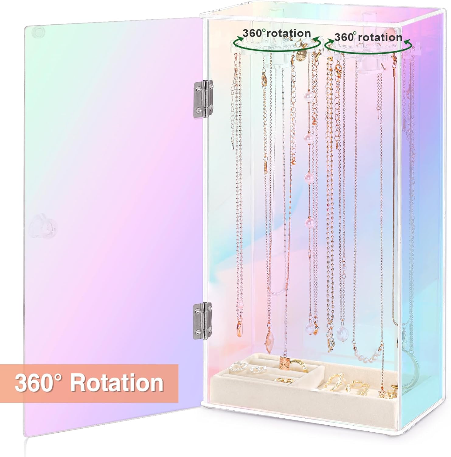 Jenseits Iridescent Necklace Organizer, Acrylic Necklace Holder w/Velvet Tray, Dustproof Rotation Jewelry Holder Organizer Display Stand Box Hanger, Necklaces Ring Bracelet Case, Gift for Women, Girl