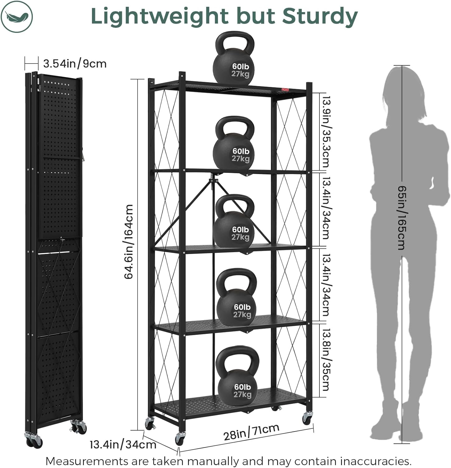 DEANIC 5 Tier Foldable Storage Shelves with Wheels, Large Capacity Shelving Unit, Freestanding Metal Wire Shelf Rack, No Assembly Organizer Rack for Garage Kitchen, Basement, Pantry(Black Pack of 4)