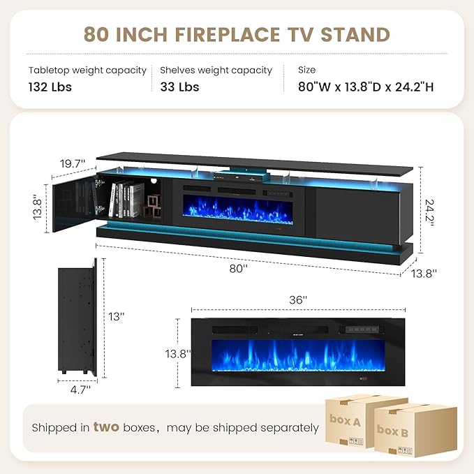 80" Fireplace TV Stand, Modern Entertainment Center for TVs Up to 90&quo...